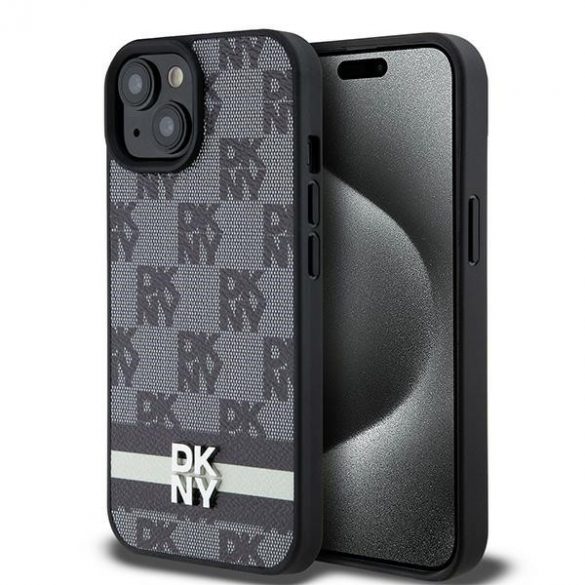 DKNY DKHCP14SPCPTSSK iPhone 14 / 15 / 13 Carcasă rigidă de 6,1 inchi, neagră/czarny, din piele, model mono în carouri și dungi imprimate