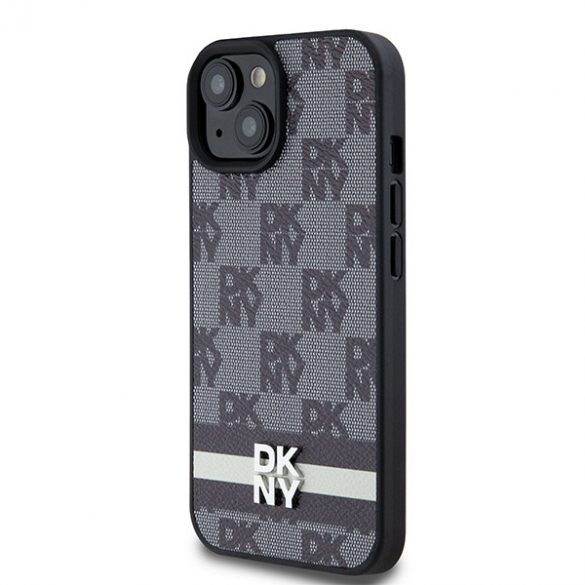 DKNY DKHCP14SPCPTSSK iPhone 14 / 15 / 13 Carcasă rigidă de 6,1 inchi, neagră/czarny, din piele, model mono în carouri și dungi imprimate