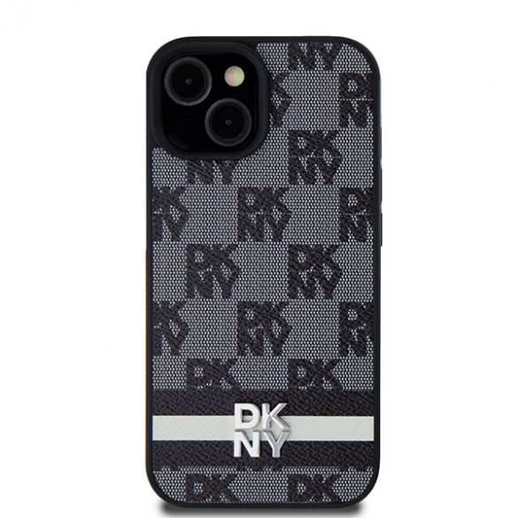 DKNY DKHCP14SPCPTSSK iPhone 14 / 15 / 13 Carcasă rigidă de 6,1 inchi, neagră/czarny, din piele, model mono în carouri și dungi imprimate