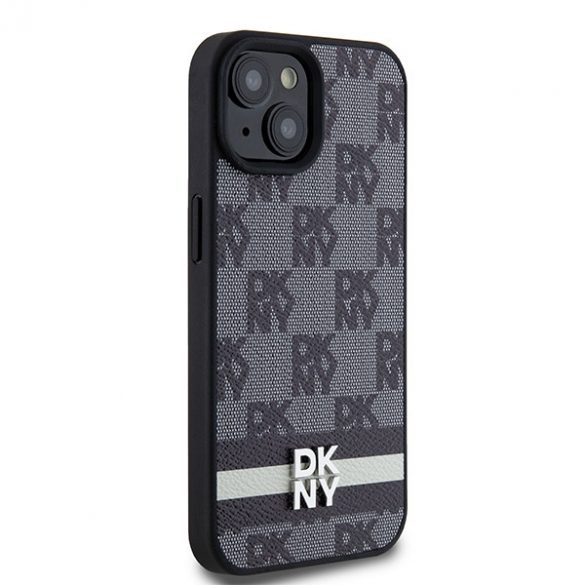 DKNY DKHCP14SPCPTSSK iPhone 14 / 15 / 13 Carcasă rigidă de 6,1 inchi, neagră/czarny, din piele, model mono în carouri și dungi imprimate