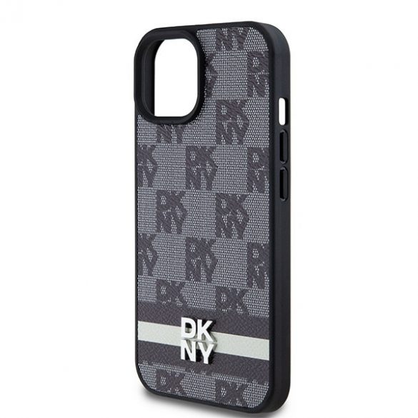 DKNY DKHCP14SPCPTSSK iPhone 14 / 15 / 13 Carcasă rigidă de 6,1 inchi, neagră/czarny, din piele, model mono în carouri și dungi imprimate