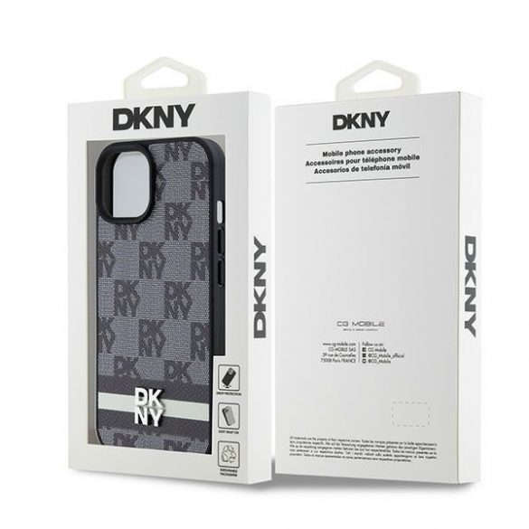 DKNY DKHCP14SPCPTSSK iPhone 14 / 15 / 13 Carcasă rigidă de 6,1 inchi, neagră/czarny, din piele, model mono în carouri și dungi imprimate