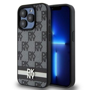 DKNY DKHCP15LPCPTSSK iPhone 15 Pro 6,1" husă rigidă, neagră/czarny, din piele, model mono și dungi imprimate