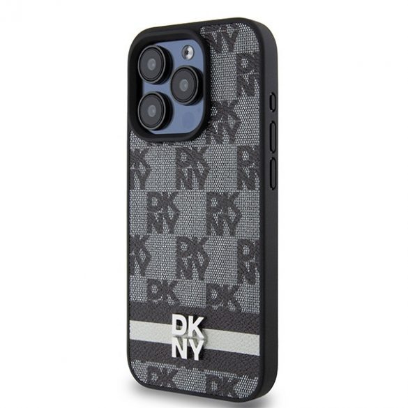 DKNY DKHCP15LPCPTSSK iPhone 15 Pro 6,1" husă rigidă, neagră/czarny, din piele, model mono și dungi imprimate