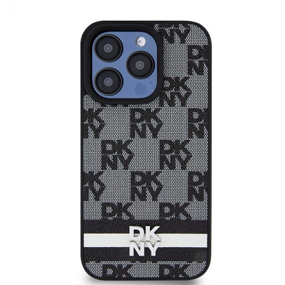 DKNY DKHCP15LPCPTSSK iPhone 15 Pro 6,1" husă rigidă, neagră/czarny, din piele, model mono și dungi imprimate