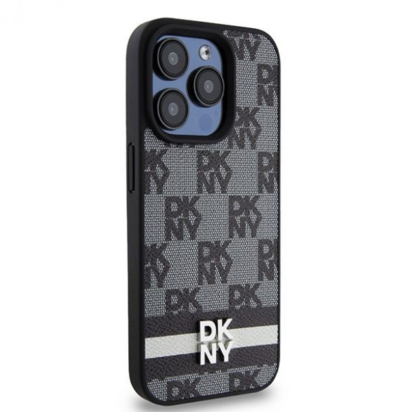 DKNY DKHCP15LPCPTSSK iPhone 15 Pro 6,1" husă rigidă, neagră/czarny, din piele, model mono și dungi imprimate