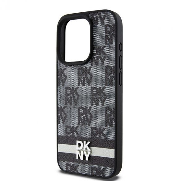 DKNY DKHCP15LPCPTSSK iPhone 15 Pro 6,1" husă rigidă, neagră/czarny, din piele, model mono și dungi imprimate