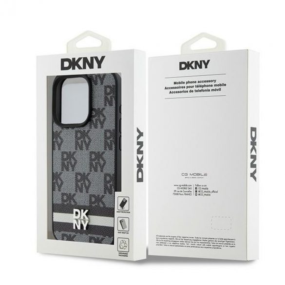 DKNY DKHCP15LPCPTSSK iPhone 15 Pro 6,1" husă rigidă, neagră/czarny, din piele, model mono și dungi imprimate