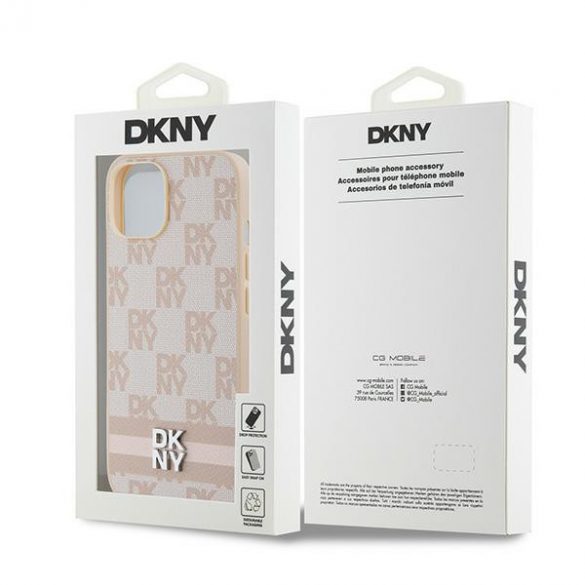 DKNY DKHCP14SPCPTSSP iPhone 14 / 15 / 13 Carcasă rigidă de 6,1 inchi, rożowy/roz, din piele, model mono în carouri și dungi imprimate