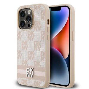 DKNY DKHCP14LPCPTSSP iPhone 14 Pro 6,1" husă rigidă rożowy/roz din piele, model mono în carouri și dungi imprimate