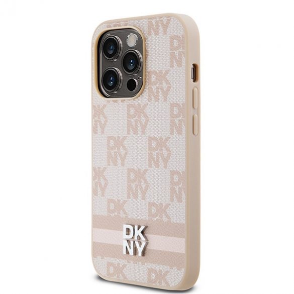 DKNY DKHCP14LPCPTSSP iPhone 14 Pro 6,1" husă rigidă rożowy/roz din piele, model mono în carouri și dungi imprimate