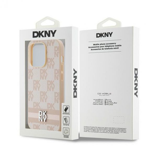 DKNY DKHCP14LPCPTSSP iPhone 14 Pro 6,1" husă rigidă rożowy/roz din piele, model mono în carouri și dungi imprimate