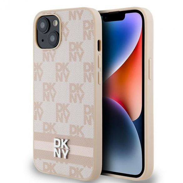 DKNY DKHCP15MPCPTSSP iPhone 15 Plus / 14 Plus 6,7" husă rigidă rożowy/roz Piele Motiv mono în carouri și dungi imprimate