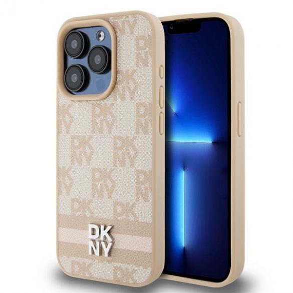 DKNY DKHCP15LPCPTSSP iPhone 15 Pro 6,1" husă rigidă rożowy/roz din piele, model mono, carouri și dungi imprimate