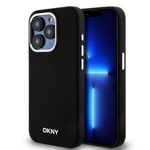 DKNY DKHMP14LSMCHLK Carcasă rigidă pentru iPhone 14 Pro 6,1 inchi, negru, silicon lichid, metal mic, logo MagSafe