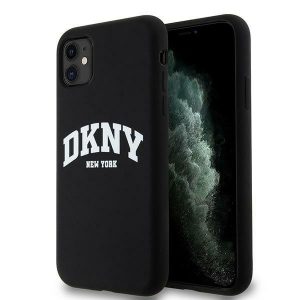 DKNY DKHMN61SNYACH Husă rigidă pentru iPhone 11 / Xr de 6,1 inchi, negru, silicon lichid, logo imprimat alb MagSafe