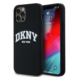 DKNY DKHMP12MSNYACH Carcasă rigidă pentru iPhone 12/12 Pro 6,1 inchi, neagră/czarny, silicon lichid, logo imprimat alb MagSafe