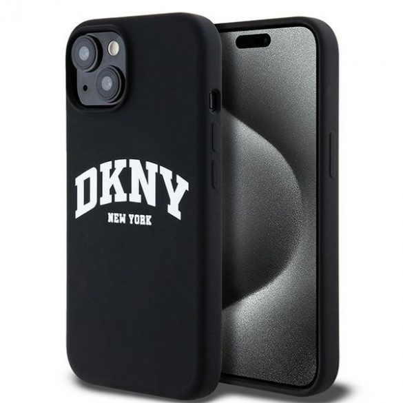 DKNY DKHMP15SSNYACH iPhone 15 / 14 / 13 Carcasă rigidă de 6,1 inchi, neagră/czarny, silicon lichid, logo imprimat alb MagSafe