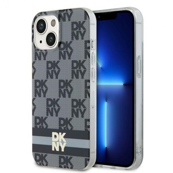 DKNY DKHMP14SHCPTSK iPhone 14 / 15 / 13 Carcasă rigidă de 6,1 inchi, neagră/czarny, IML în carouri, model mono și dungi imprimate MagSafe