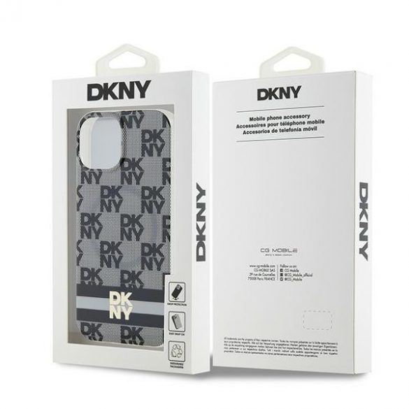 DKNY DKHMP14SHCPTSK iPhone 14 / 15 / 13 Carcasă rigidă de 6,1 inchi, neagră/czarny, IML în carouri, model mono și dungi imprimate MagSafe