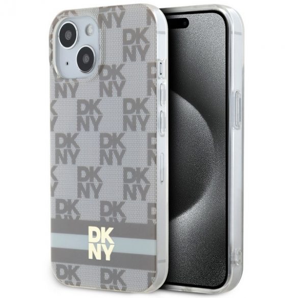 DKNY DKHMP14SHCPTSE iPhone 14 / 15 / 13 Carcasă rigidă de 6,1 inchi, beżowy/bej, model IML în carouri și dungi imprimate MagSafe