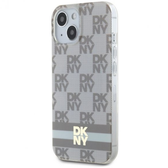 DKNY DKHMP14SHCPTSE iPhone 14 / 15 / 13 Carcasă rigidă de 6,1 inchi, beżowy/bej, model IML în carouri și dungi imprimate MagSafe