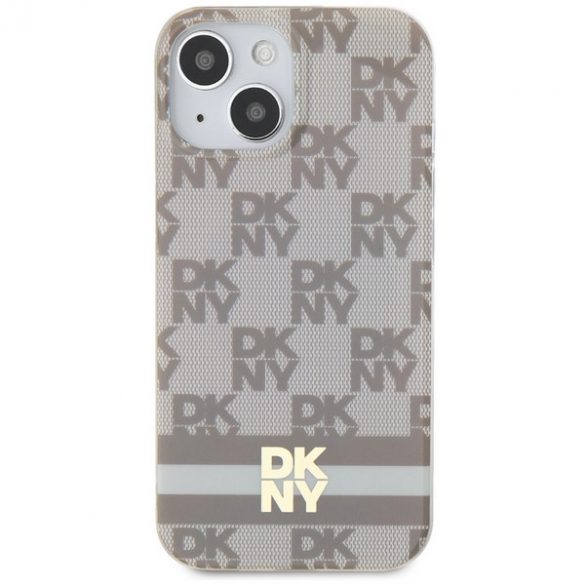 DKNY DKHMP14SHCPTSE iPhone 14 / 15 / 13 Carcasă rigidă de 6,1 inchi, beżowy/bej, model IML în carouri și dungi imprimate MagSafe