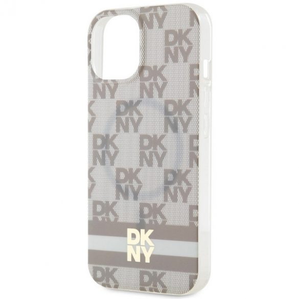 DKNY DKHMP14SHCPTSE iPhone 14 / 15 / 13 Carcasă rigidă de 6,1 inchi, beżowy/bej, model IML în carouri și dungi imprimate MagSafe