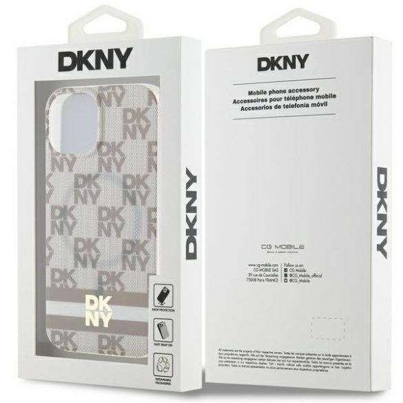 DKNY DKHMP14SHCPTSE iPhone 14 / 15 / 13 Carcasă rigidă de 6,1 inchi, beżowy/bej, model IML în carouri și dungi imprimate MagSafe