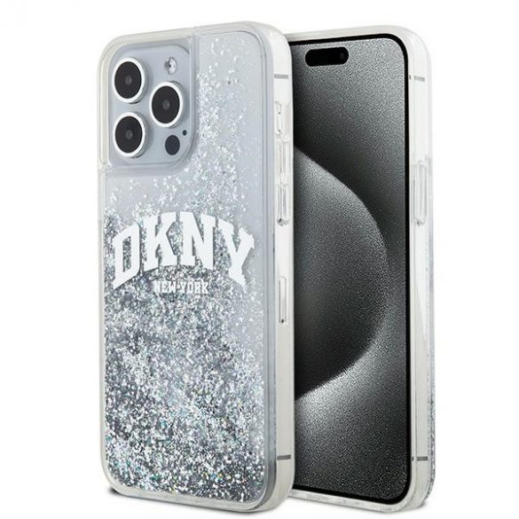 DKNY DKHCP15XLBNAET Husă rigidă pentru iPhone 15 Pro Max de 6,7 inchi, alb/bial, Logo mare cu sclipici lichid