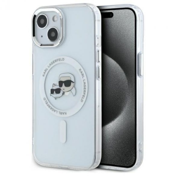 Karl Lagerfeld KLHMP15SHLSKCH IML Metal Karl&Choupette Head Carcasă tare compatibilă MagSafe pentru iPhone 15 - alb