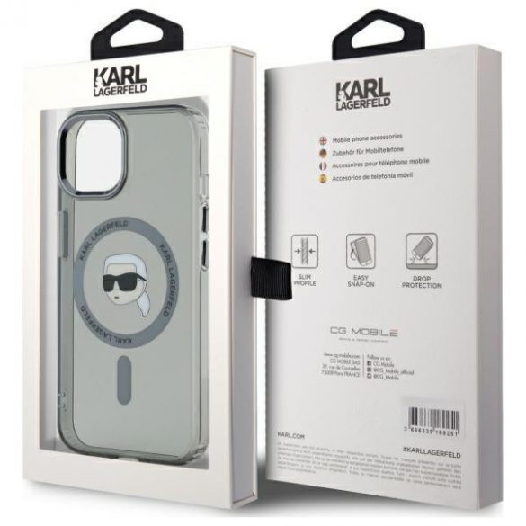 Karl Lagerfeld KLHMP15SHLSKIK IML Metal Karl Head Carcasă tare compatibilă MagSafe pentru iPhone 15 - gri transparent