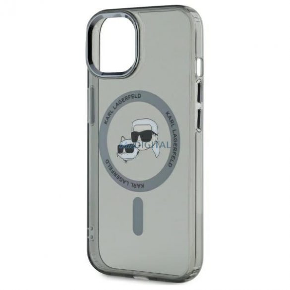 Karl Lagerfeld KLHMP15SHLSKCK IML Metal Karl&Choupette Head Carcasă tare compatibilă MagSafe pentru iPhone 15 - gri transparent