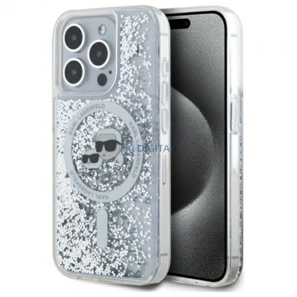 Karl Lagerfeld KLHMP15LLLLGKCSGH Liquid Glitter Karl&Choupette Head Carcasă tare compatibilă MagSafe pentru iPhone 15 Pro - transparentă