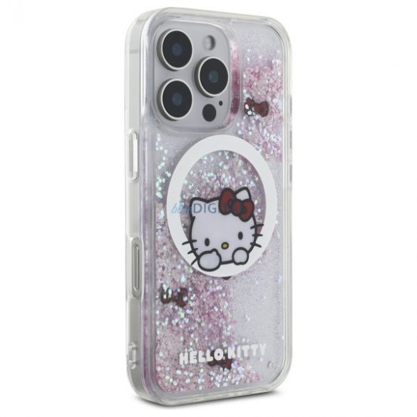 Hello Kitty HKHMP16LLSWKH Liquid Glitter Sweet Kitty Bows Carcasă tare compatibilă MagSafe pentru iPhone 16 Pro - alb