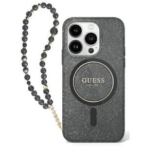 Guess GUHMP16SHGCRELSK IML Glitter With Pearl Strap Carcasă tare MagSafe pentru iPhone 16 - negru