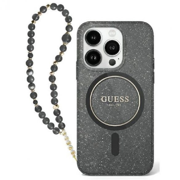 Guess GUHMP16LHGCRELSK IML Glitter With Pearl Strap Carcasă tare MagSafe pentru iPhone 16 Pro - negru