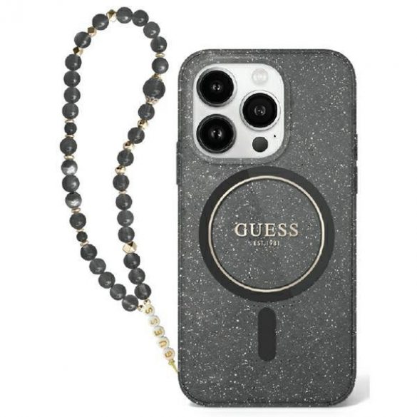 Guess GUHMP16XHGCRELSK IML Glitter With Pearl Strap Carcasă tare compatibilă MagSafe pentru iPhone 16 Pro Max - negru