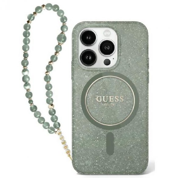 Guess GUHMP16MHGCRELSA IML Glitter With Pearl Strap Carcasă tare MagSafe pentru iPhone 16 Plus - verde