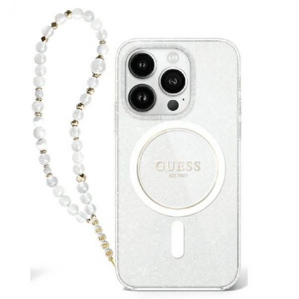 Guess GUHMP16SHGCRELST IML Glitter With Pearl Strap Carcasă tare MagSafe pentru iPhone 16 - transparentă