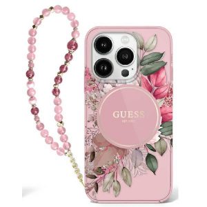 Guess GUHMP16SHFWBRCESP IML Flowers With Pearl Strap Carcasă tare MagSafe pentru iPhone 16 - roz