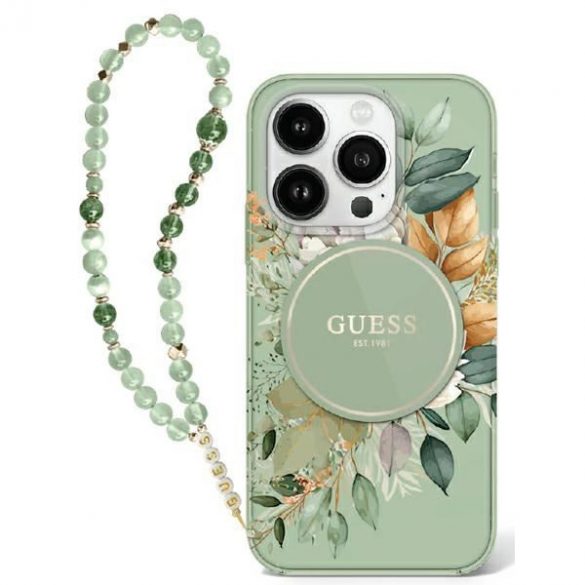 Guess GUHMP16SHFWBRCESN IML Flowers With Pearl Strap Carcasă tare MagSafe pentru iPhone 16 - verde