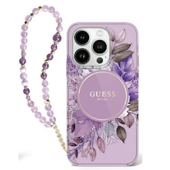 Guess GUHMP16SHFWBRCESU IML Flori cu curea Pearl MagSafe caz greu iPhone 16 - violet