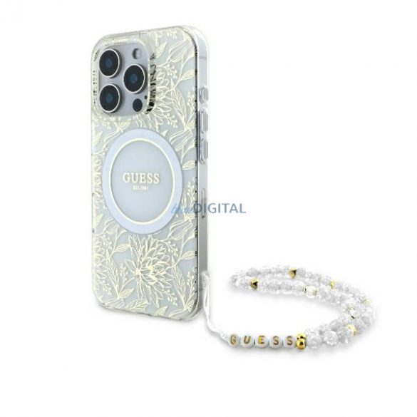 Guess GUHMP16XHCPOFPH IML Flowers Allover Electro With Pearl Strap Carcase rigide MagSafe pentru iPhone 16 Pro Max - alb