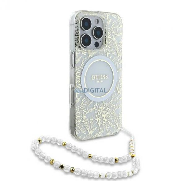 Guess GUHMP16XHCPOFPH IML Flowers Allover Electro With Pearl Strap Carcase rigide MagSafe pentru iPhone 16 Pro Max - alb