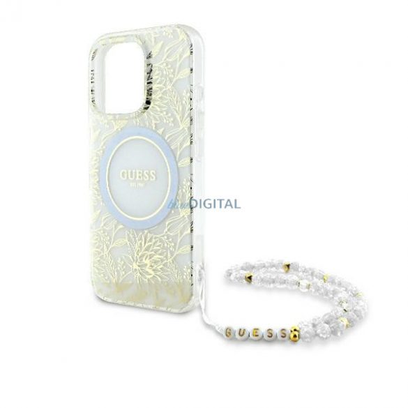 Guess GUHMP16XHCPOFPH IML Flowers Allover Electro With Pearl Strap Carcase rigide MagSafe pentru iPhone 16 Pro Max - alb