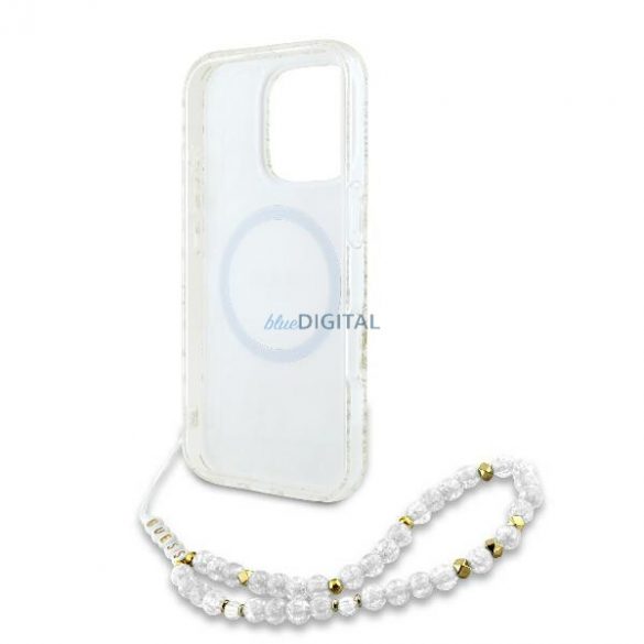 Guess GUHMP16XHCPOFPH IML Flowers Allover Electro With Pearl Strap Carcase rigide MagSafe pentru iPhone 16 Pro Max - alb