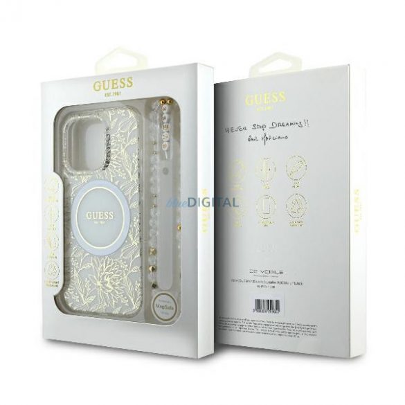 Guess GUHMP16XHCPOFPH IML Flowers Allover Electro With Pearl Strap Carcase rigide MagSafe pentru iPhone 16 Pro Max - alb