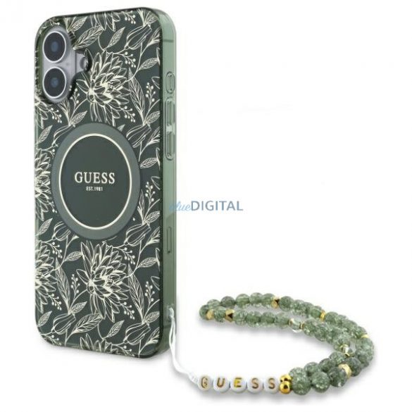 Guess GUHMP16SHCPOFPA IML Flowers Allover Electro With Pearl Strap Carcasă tare MagSafe pentru iPhone 16 - verde