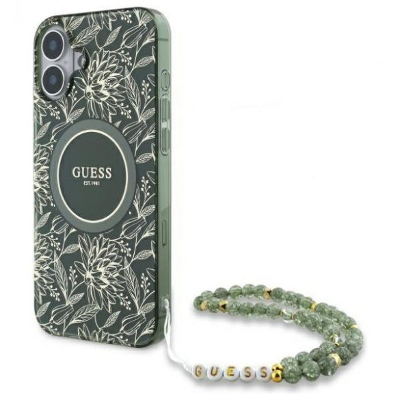 Guess GUHMP16SHCPOFPA IML Flowers Allover Electro With Pearl Strap Carcasă tare MagSafe pentru iPhone 16 - verde